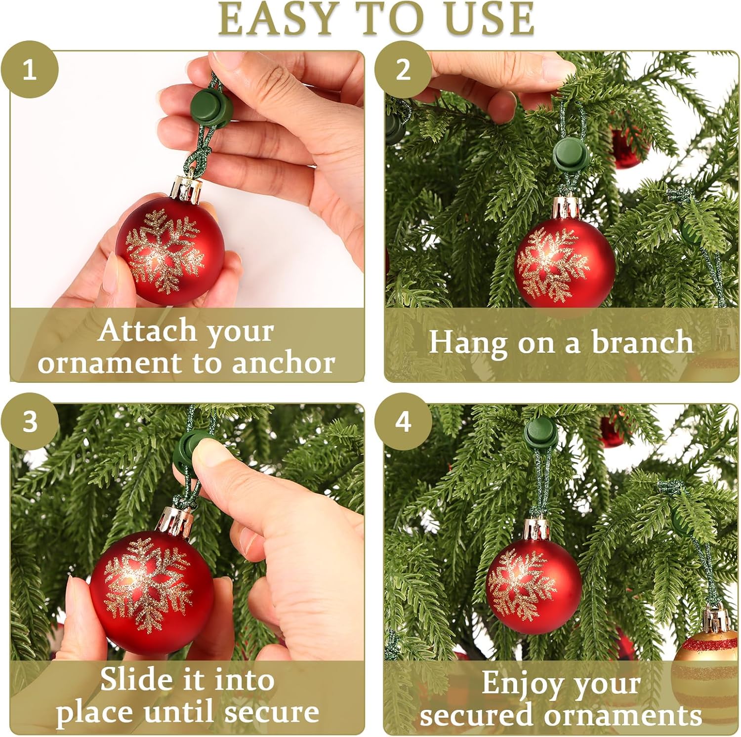 50pcs Ornament Anchors for Christmas Tree, Adjustable Non Slip Mini Hangers Hooks, Green Cat Proof Christmas Ball Hangers String Ties